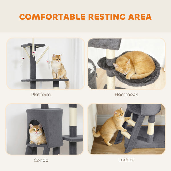 Cat tree with scratching posts, cat house, perches, ladder, hammock, hanging toys, dark grey
