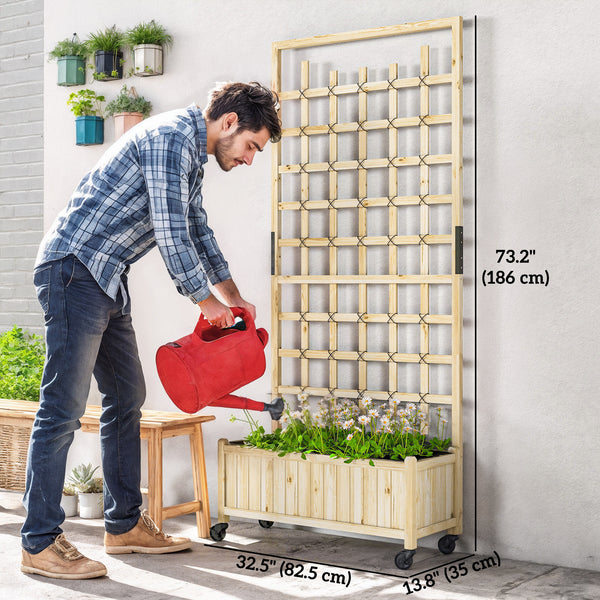 Jardinière en bois avec treillis sur roulettes