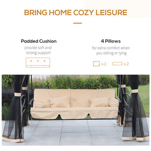 3 Person Outdoor Patio Daybed 3 in 1 Canopy Gazebo Swing Chair Garden Hammock with Mesh Mosquito Net and Sun Shade, Beige