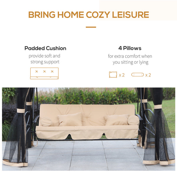 3 Person Outdoor Patio Daybed 3 in 1 Canopy Gazebo Swing Chair Garden Hammock with Mesh Mosquito Net and Sun Shade, Beige