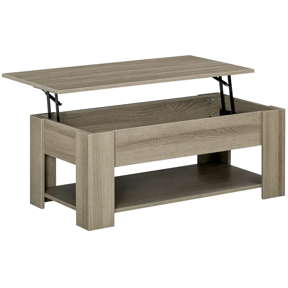 Table basse relevable avec compartiment de rangement dissimulé et étagère ouverte, gris