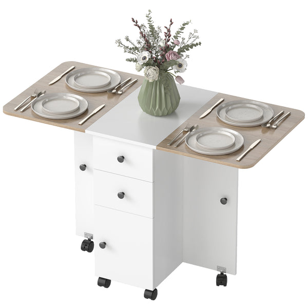 Table pliante mobile sur roulettes avec tiroirs et placard, blanc et chêne