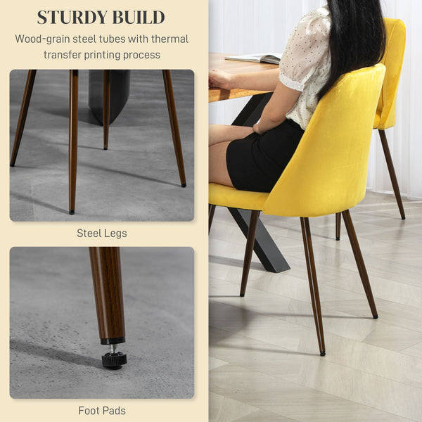 Set of 4 velvet upholstered chairs with steel backrest and legs, yellow