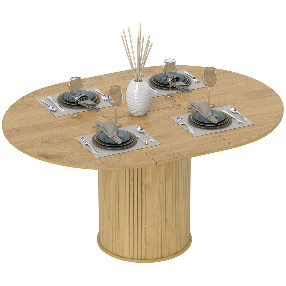 Table de cuisine extensible pour 6 à 8 personnes de style campagnard avec base sur pied, finition bois naturel