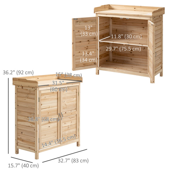 Wooden garden shed with interior shelf and double door, natural color