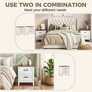 Ensemble de 2 tables de chevet style ferme, avec 2 tiroirs, plateau effet bois, blanches