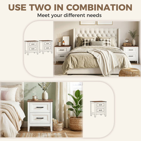 Ensemble de 2 tables de chevet style ferme, avec 2 tiroirs, plateau effet bois, blanches
