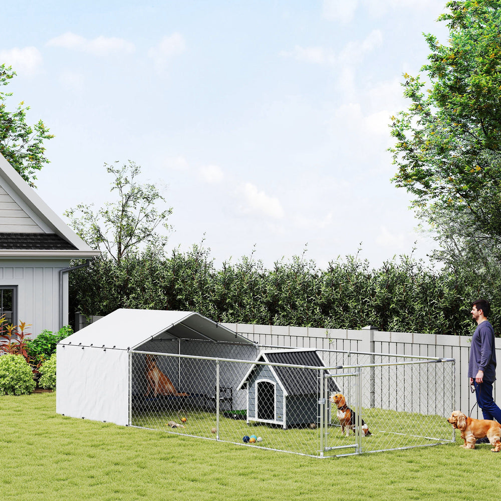 PawHut Galvanized Steel Dog Kennel Outdoor with Waterproof &amp; UV-Resistant Cover for Large Dogs, 19.7' x 7.5' x 4.9' |