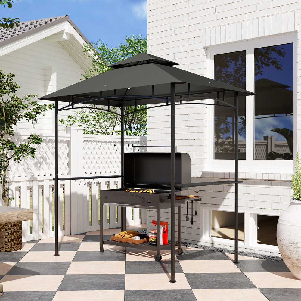 8' x 5' Outdoor Grill Gazebo, Double Tiered Barbecue Grill Gazebo Shelter with 2 Side Shelves, Hooks, Dark Grey