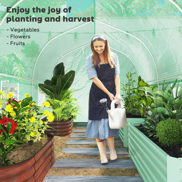 Greenhouse tunnel with roll-up door and 6 screened windows, steel frame, green