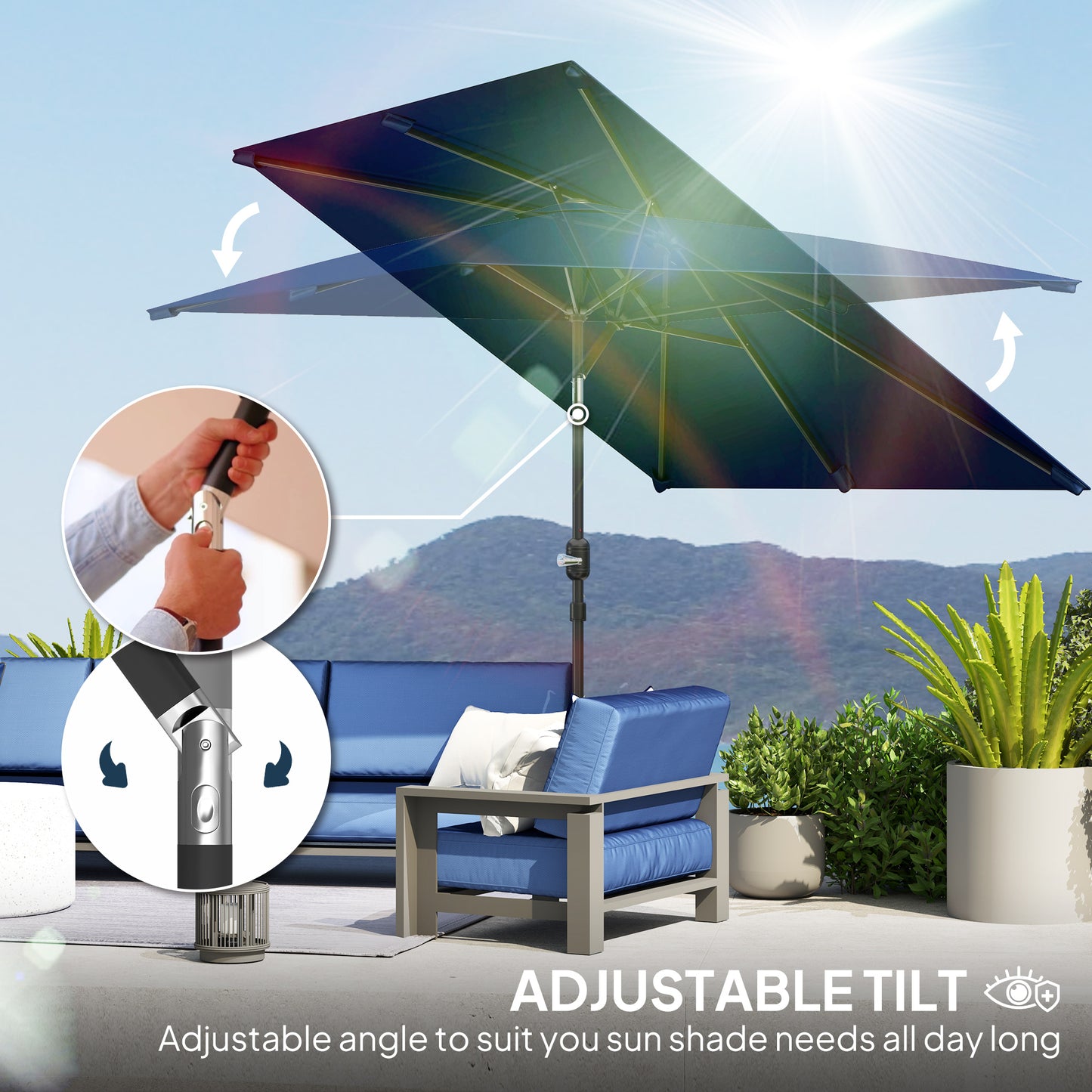 Parasol de jardin rectangulaire inclinable en aluminium 2 x 3m avec manivelle, bleu marine
