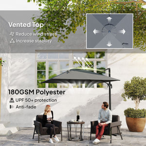 Parasol déporté en aluminium de 2,4 m avec rotation à 360°, base croisée, manivelle et inclinaison, gris foncé