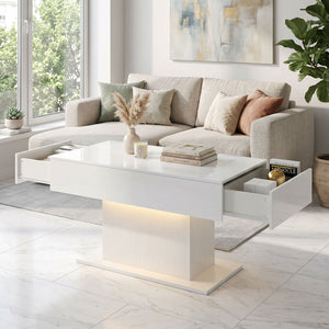 Table basse LED avec rangement, laquée brillante avec 2 tiroirs et télécommande pour salon, blanche