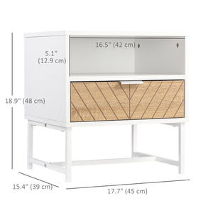 Table de chevet moderne avec tiroir et étagère de rangement, blanc et chêne