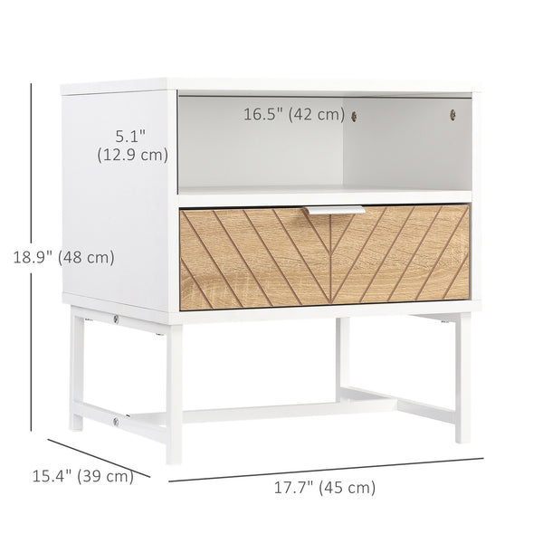 Table de chevet moderne avec tiroir et étagère de rangement, blanc et chêne