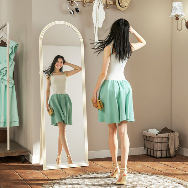 Full-length arched floor mirror with faux stone frame, white