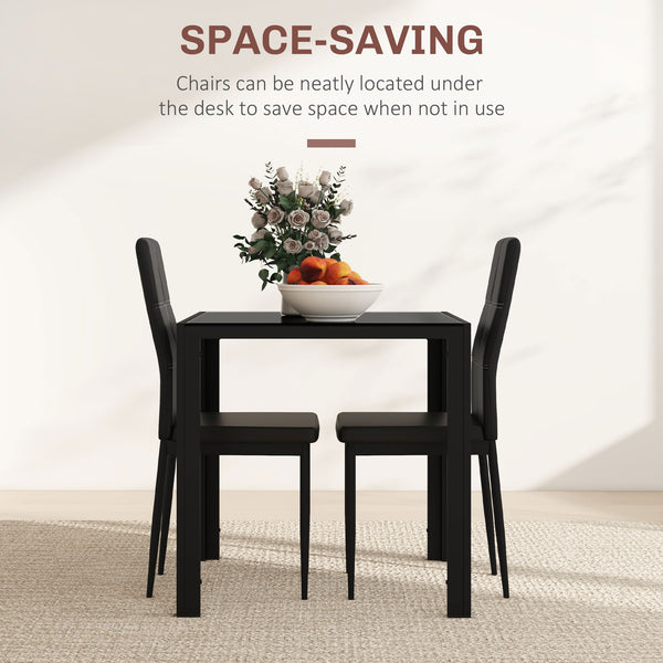 Ensemble de tables et chaises en verre avec structure en métal et revêtement en similicuir pour salle à manger, noir
