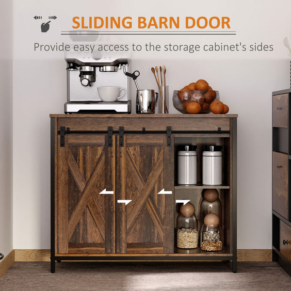 Buffet industriel avec portes coulissantes de style grange, couleur marron rustique.