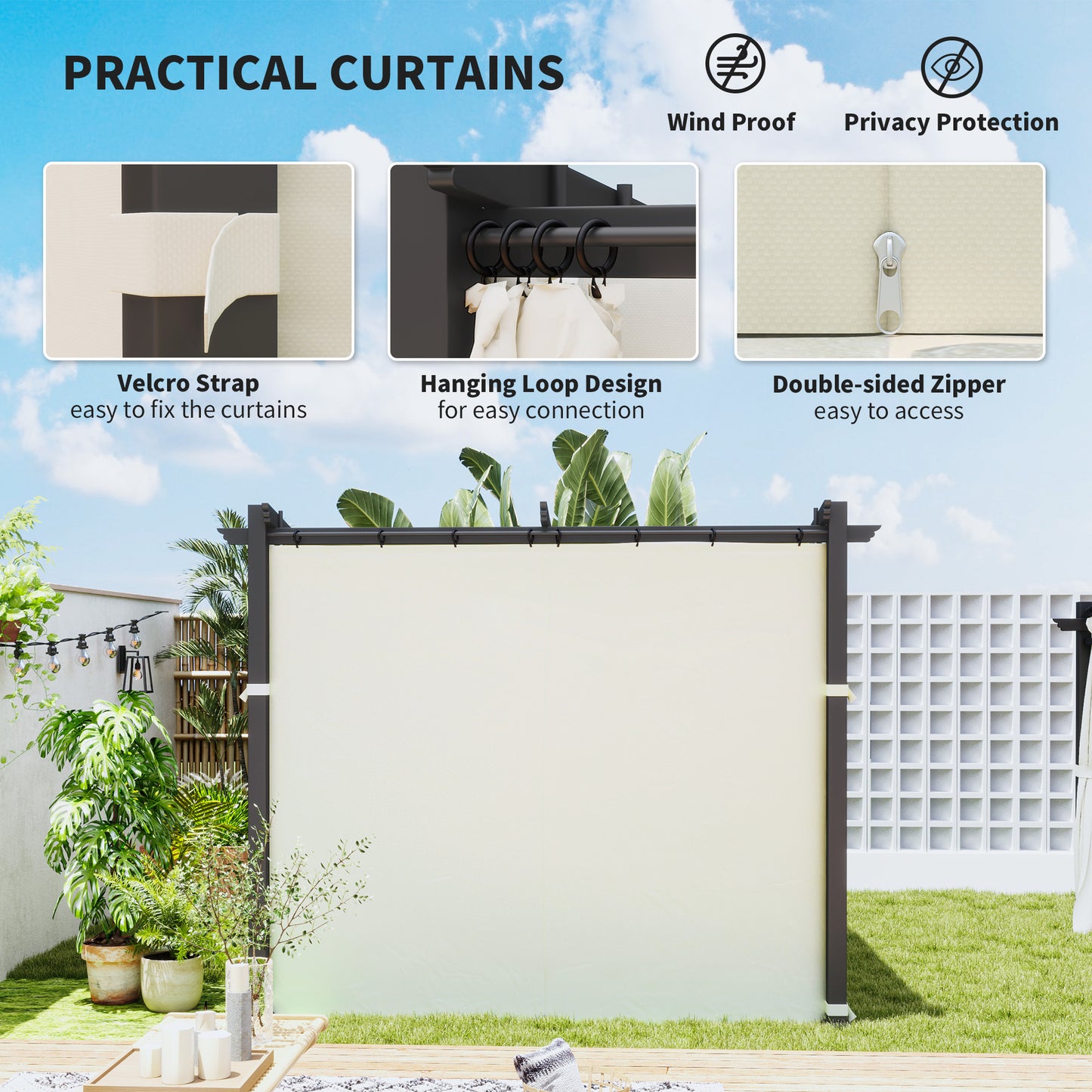Pergola métallique avec toit coulissant, pergola rétractable, 3 m x 3 m, beige