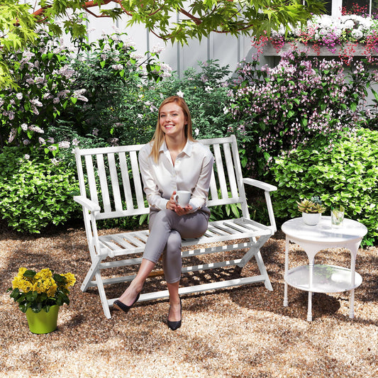 Banc d'extérieur pliable en bois avec dossier et accoudoirs, blanc