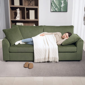 Canapé 3 places rembourré avec ressorts ensachés et 2 coussins décoratifs, vert