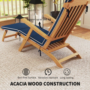 Chaise longue pliante avec coussin rembourré, inclinable en bois d'acacia avec repose-pieds pour jardin, bleu marine