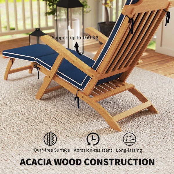 Chaise longue pliante avec coussin rembourré, inclinable en bois d'acacia avec repose-pieds pour jardin, bleu marine
