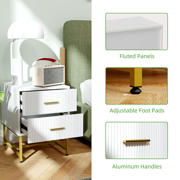 Lot de 2 tables de chevet modernes avec 2 tiroirs cannelés et pieds dorés, blanc