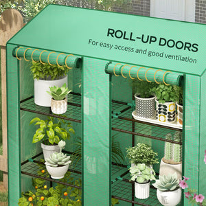 Portable greenhouse with 3 shelves, reinforced PE cover and roll-up doors