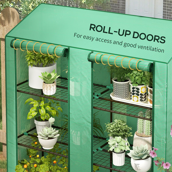 Portable greenhouse with 3 shelves, reinforced PE cover and roll-up doors