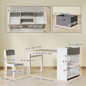 Ensemble table et chaises pour enfants avec étagères de rangement et tiroirs, gris