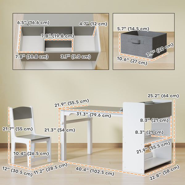 Ensemble table et chaises pour enfants avec étagères de rangement et tiroirs, gris