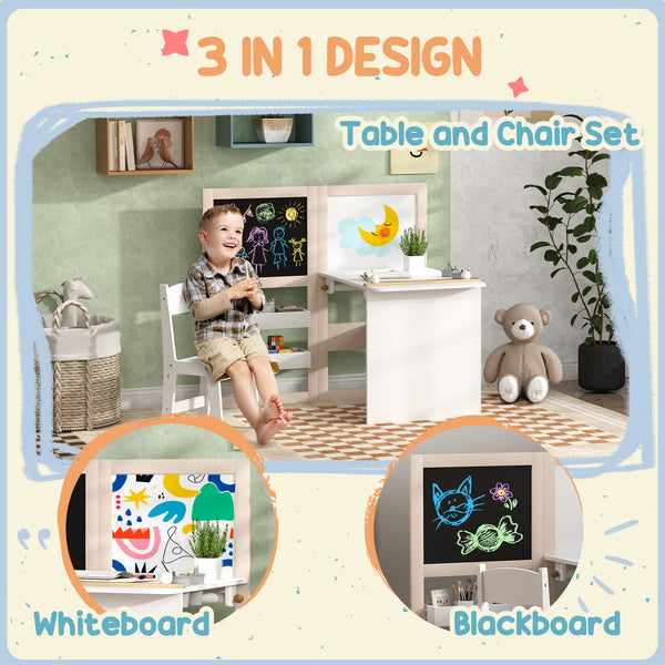 3-in-1 Kids Table and Chair Set with Folding Easel, Storage Shelves and Paper Roll, White