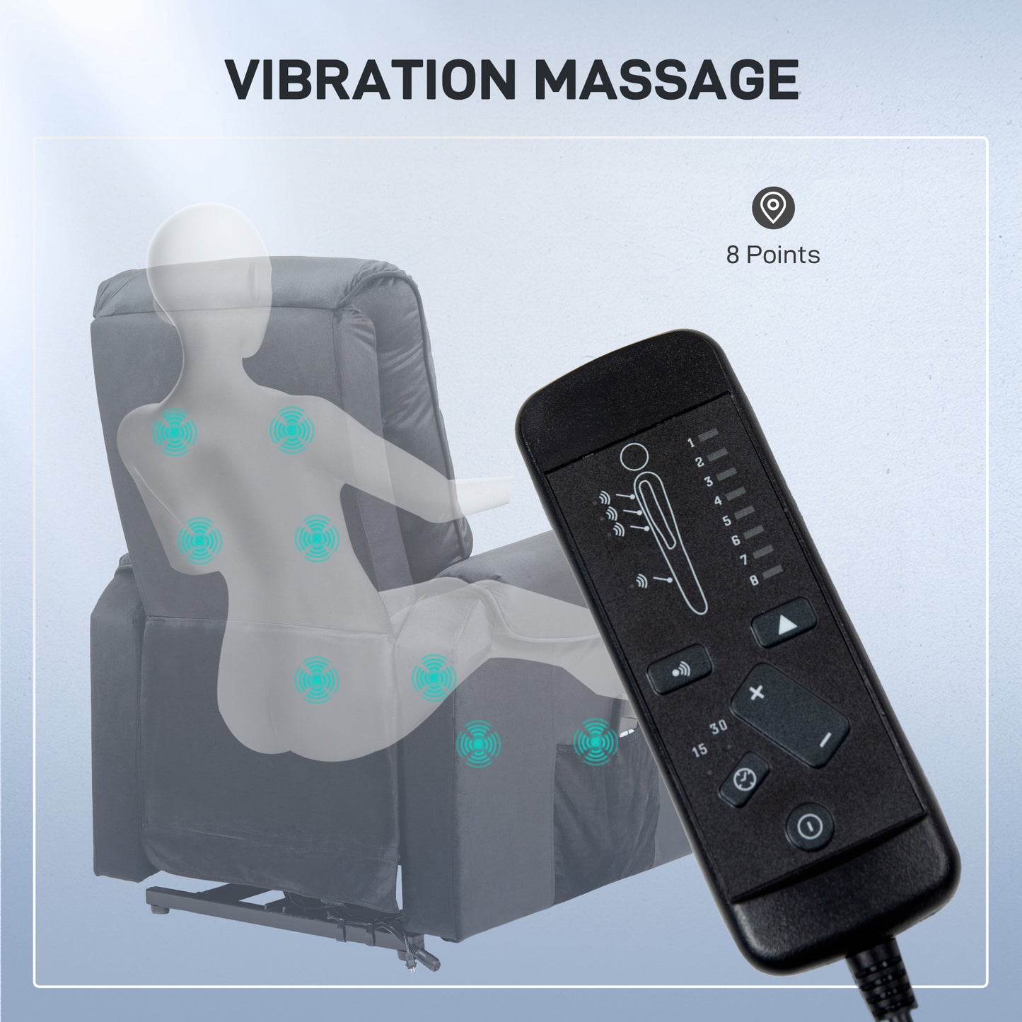 Lift chair for the elderly, massage recliner with 8 vibration points, footrest, remote control, side pockets, black
