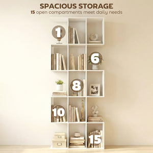 Bibliothèque à 5 niveaux en forme de S avec 15 compartiments, aspect bois blanc
