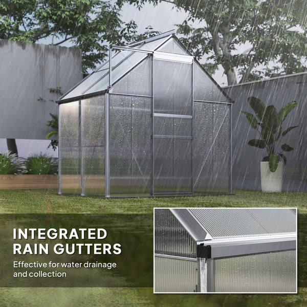 Polycarbonate greenhouse with adjustable roof ventilation, base, sliding door, transparent