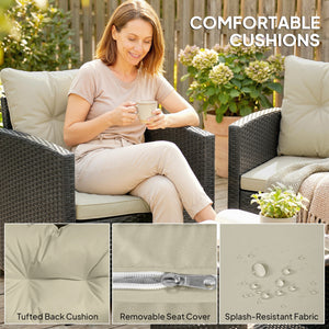 Ensemble de mobilier de patio en résine tressée 3 pièces avec table à deux niveaux et plateau en verre, beige