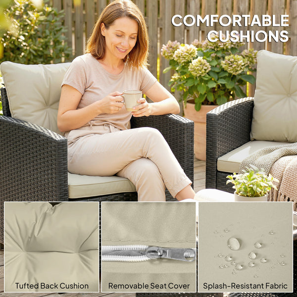 Ensemble de mobilier de patio en résine tressée 3 pièces avec table à deux niveaux et plateau en verre, beige