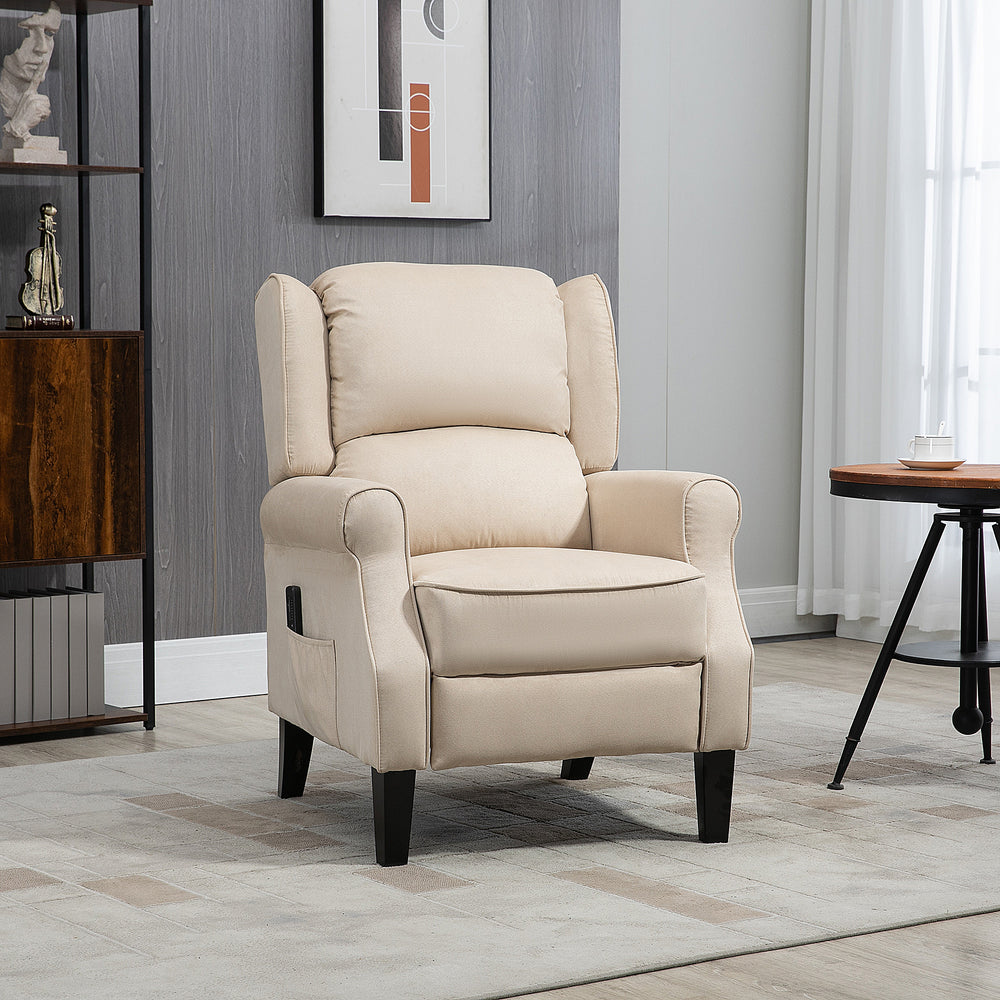Fauteuil de massage inclinable avec repose-pieds extensible, pieds en bois, télécommande, poches latérales, beige