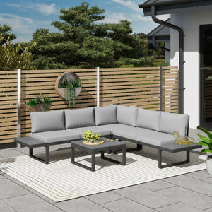 Ensemble de mobilier de jardin 4 pièces, canapé d'angle inclinable 5 positions, gris