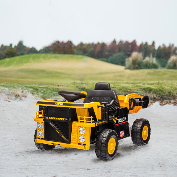Camion benne 12 V pour enfants avec benne électrique, pelle, suspension à ressorts, véhicule de chantier réaliste