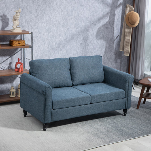 Canapé 2 places vintage bleu foncé rembourré avec accoudoirs roulés et pieds en bois d’hévéa – style classique et confortable pour salon ou bureau
