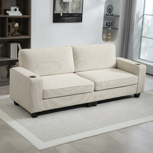 Canapé 3 places en tissu blanc crème avec coussins à ressorts intégrés et porte-gobelets pratiques, parfait pour un salon ou une chambre confortable et moderne