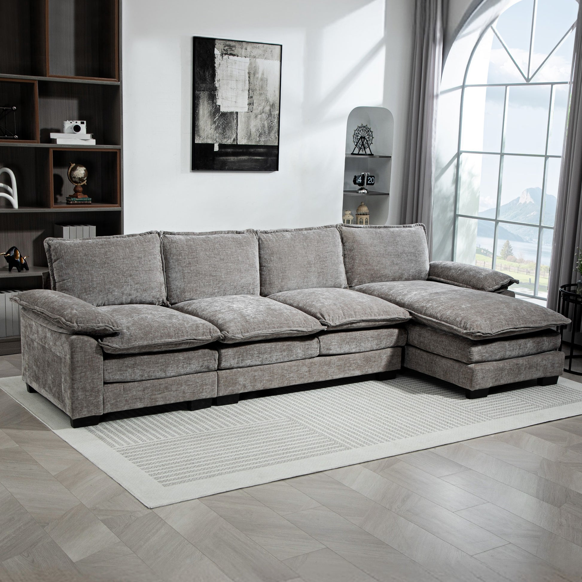 Canapé d’angle en L gris pour salon, revêtement en chenille douce avec coussins d’assise double épaisseur pour un confort optimal