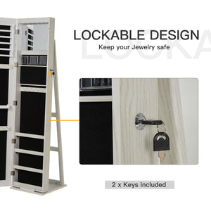Armoire à bijoux avec miroir verrouillable avec éclairage LED, bois blanc