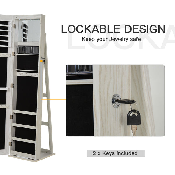Armoire à bijoux avec miroir verrouillable avec éclairage LED, bois blanc