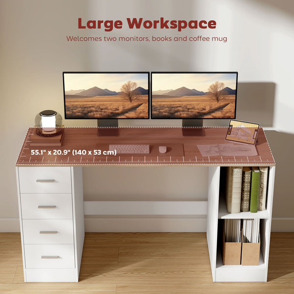 Desk with 4 reversible drawers and mobile PC stand, white