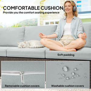 3-Seater Outdoor Sofa Couch, Wicker Patio Sofa with Wood Effect Armrests and Thick Cushions, Grey