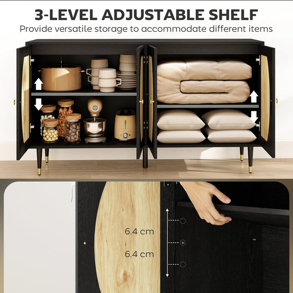 Buffet de rangement bohème avec étagères réglables, portes à fermeture douce et façade en rotin, noir