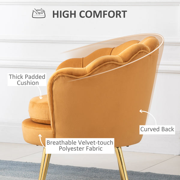 Fauteuil d'appoint lotus en tissu velours avec pieds en métal doré, jaune